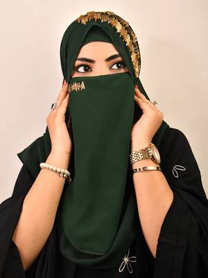 wrap my hijab georgette handwork party scarf set – dark green 3