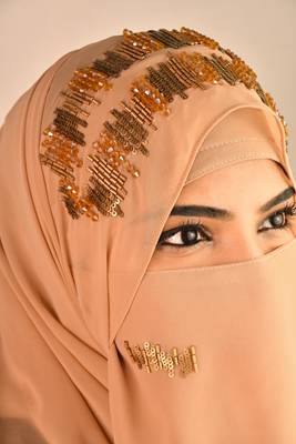 Beige party wear hijab scarf with handwork naqab 1