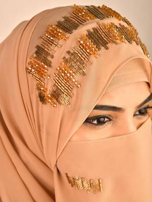 Beige party wear hijab scarf with handwork naqab 2