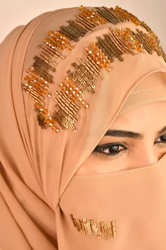 Beige party wear hijab scarf with handwork naqab