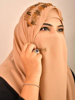 Beige party wear hijab scarf with handwork naqab 3