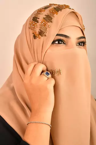 Beige party wear hijab scarf with handwork naqab