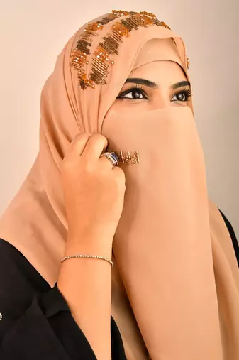 Beige party wear hijab scarf with handwork naqab