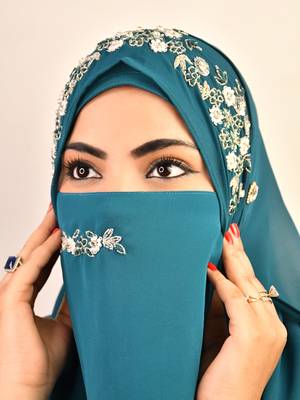 Teal luxury bridal wedding wear hijab scarf   with handwork naqab 1