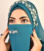 Teal luxury bridal wedding wear hijab scarf   with handwork naqab