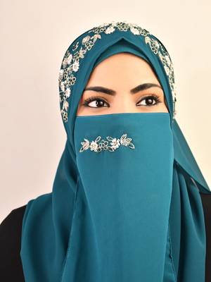 Teal luxury bridal wedding wear hijab scarf   with handwork naqab 2