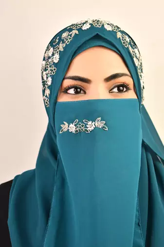 Teal luxury bridal wedding wear hijab scarf   with handwork naqab