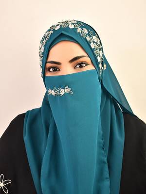 Teal luxury bridal wedding wear hijab scarf   with handwork naqab 3
