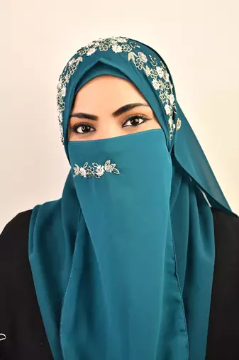 Teal luxury bridal wedding wear hijab scarf   with handwork naqab