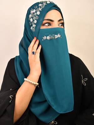 Teal luxury bridal wedding wear hijab scarf   with handwork naqab 4