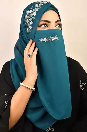 Teal luxury bridal wedding wear hijab scarf   with handwork naqab