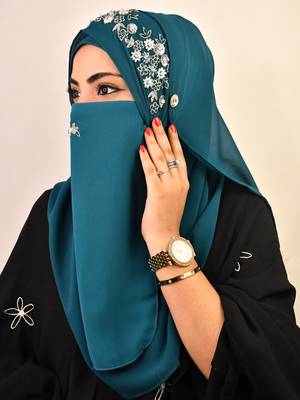 Teal luxury bridal wedding wear hijab scarf   with handwork naqab 5