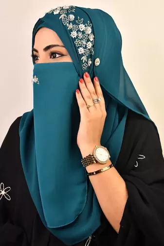 Teal luxury bridal wedding wear hijab scarf   with handwork naqab