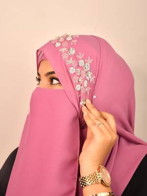 Purple luxury bridal wedding wear hijab scarf   with handwork naqab 1