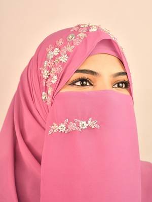 Purple luxury bridal wedding wear hijab scarf   with handwork naqab 3