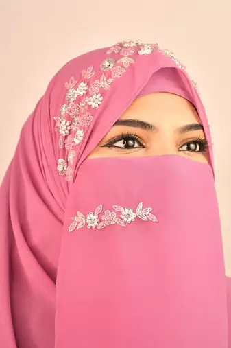 Purple luxury bridal wedding wear hijab scarf   with handwork naqab