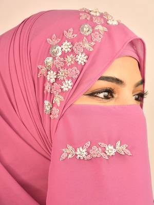 Purple luxury bridal wedding wear hijab scarf   with handwork naqab 4