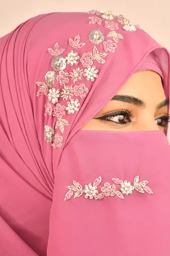 Purple luxury bridal wedding wear hijab scarf   with handwork naqab