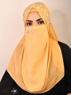 Golden luxury bridal wedding wear hijab scarf   with handwork naqab 1