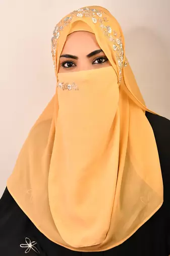 Golden luxury bridal wedding wear hijab scarf   with handwork naqab