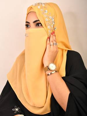 Golden luxury bridal wedding wear hijab scarf   with handwork naqab 3