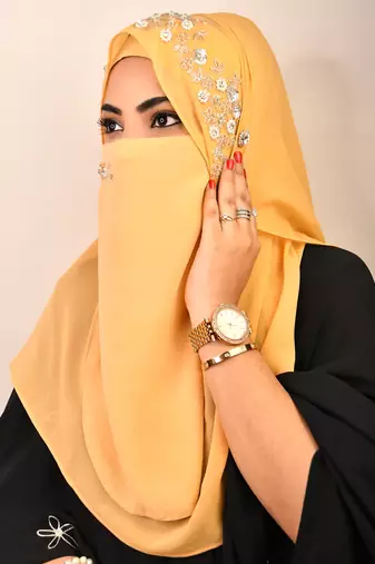 Golden luxury bridal wedding wear hijab scarf   with handwork naqab