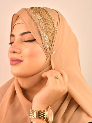 beige bridal hijab with handwork 1