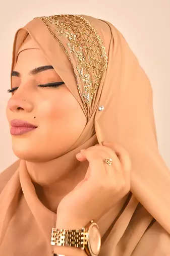 beige bridal hijab with handwork