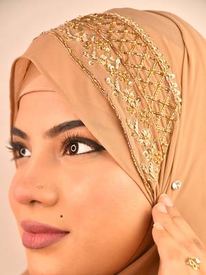 beige bridal hijab with handwork 3