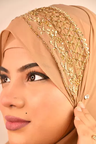 beige bridal hijab with handwork