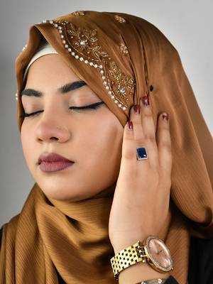 Golden luxury bridal wedding wear hijab scarf   with handwork 1