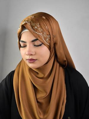 Golden luxury bridal wedding wear hijab scarf   with handwork 2