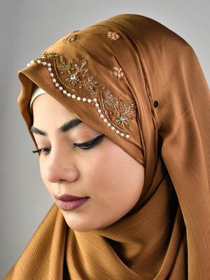 Golden luxury bridal wedding wear hijab scarf   with handwork 3