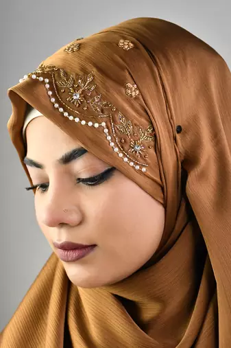 Golden luxury bridal wedding wear hijab scarf   with handwork