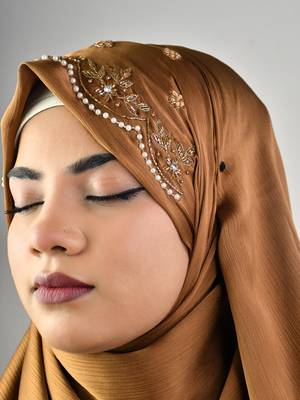 Golden luxury bridal wedding wear hijab scarf   with handwork 4