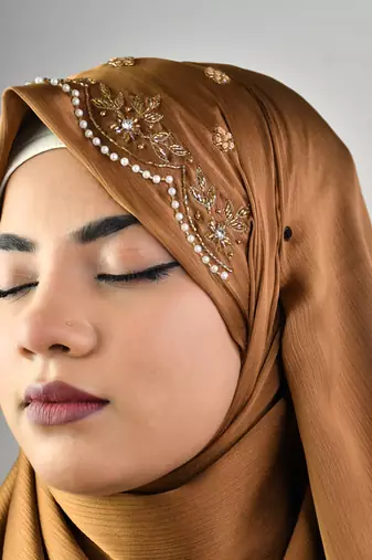 Golden luxury bridal wedding wear hijab scarf   with handwork