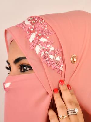Pink party wear hijab scarf with handwork naqab 1