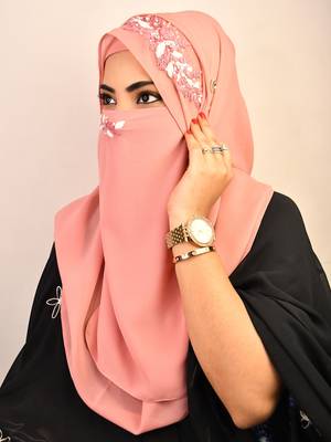 Pink party wear hijab scarf with handwork naqab 2
