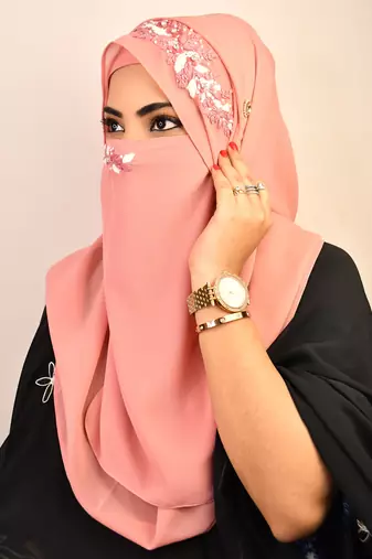 Pink party wear hijab scarf with handwork naqab