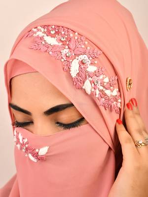 Pink party wear hijab scarf with handwork naqab 3