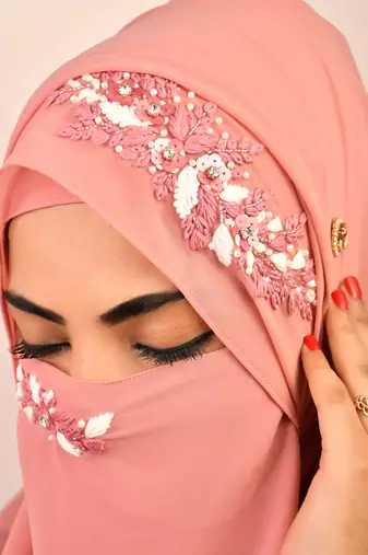 Pink party wear hijab scarf with handwork naqab