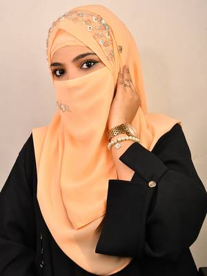 Peach luxury bridal wedding wear hijab scarf   with handwork naqab 1