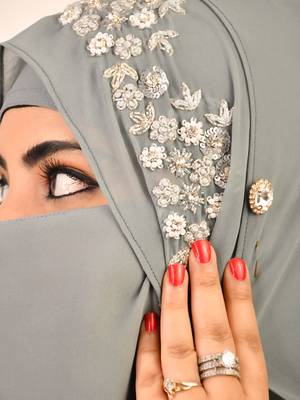 Grey luxury bridal wedding wear hijab scarf   with handwork naqab 1