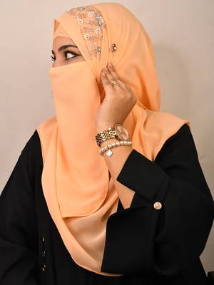Peach luxury bridal wedding wear hijab scarf   with handwork naqab 2