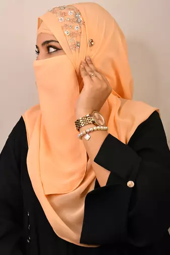 Peach luxury bridal wedding wear hijab scarf   with handwork naqab