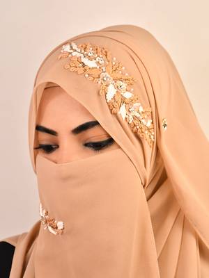 Beige party wear hijab scarf with handwork naqab 1