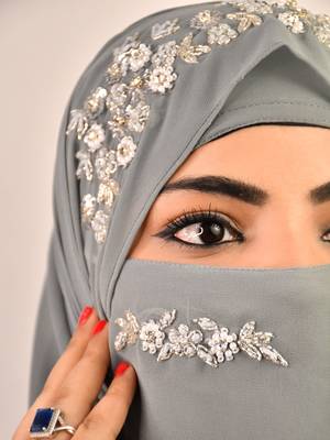 Grey luxury bridal wedding wear hijab scarf   with handwork naqab 2