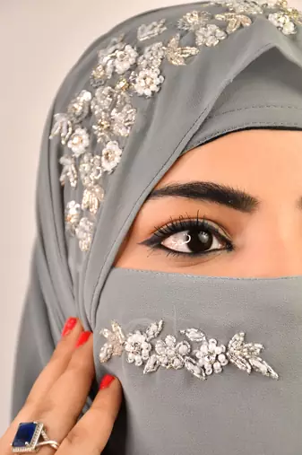 Grey luxury bridal wedding wear hijab scarf   with handwork naqab