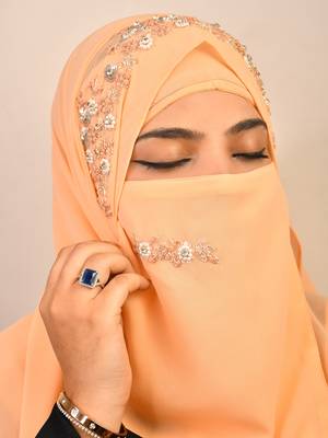 Peach luxury bridal wedding wear hijab scarf   with handwork naqab 3