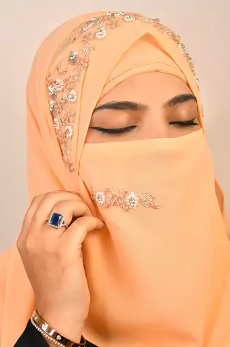 Peach luxury bridal wedding wear hijab scarf   with handwork naqab